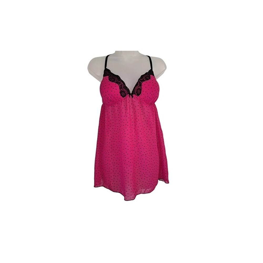 Gilligan & OMalley Pink & Black Polka Dot Lace Trim Babydoll Lingerie XS